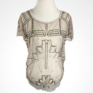 Free People Sheer Beaded Mesh Top Flapper Blouse
